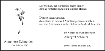 Traueranzeige von Anneliese Schneider von MZV