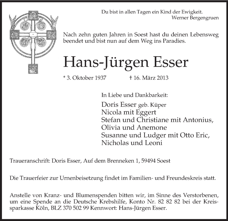  Traueranzeige für Hans-Jürgen Esser vom 19.03.2013 aus MZV