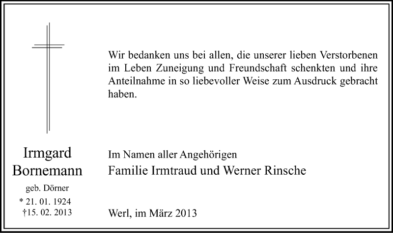  Traueranzeige für Irmgard Bornemann vom 22.03.2013 aus MZV