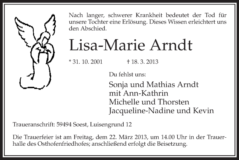  Traueranzeige für Lisa-Marie Arndt vom 21.03.2013 aus MZV