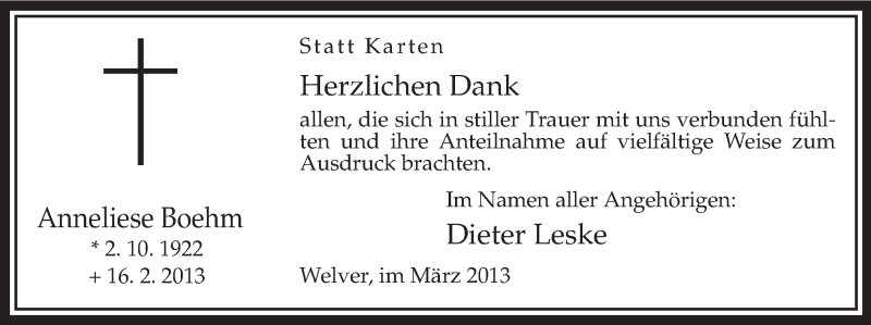  Traueranzeige für Anneliese Boehm vom 23.03.2013 aus MZV