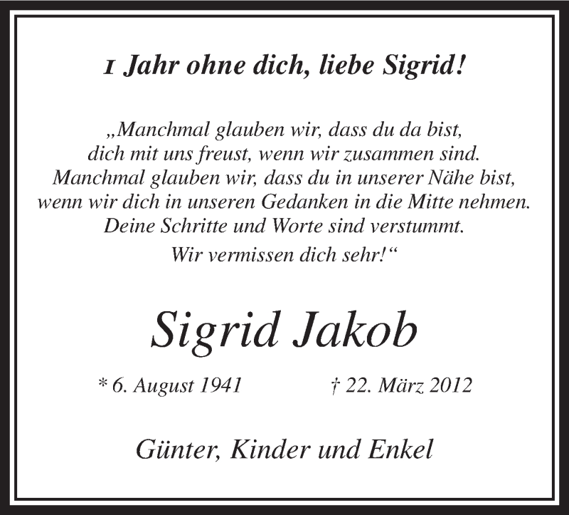  Traueranzeige für Sigrid Jakob vom 22.03.2013 aus MZV