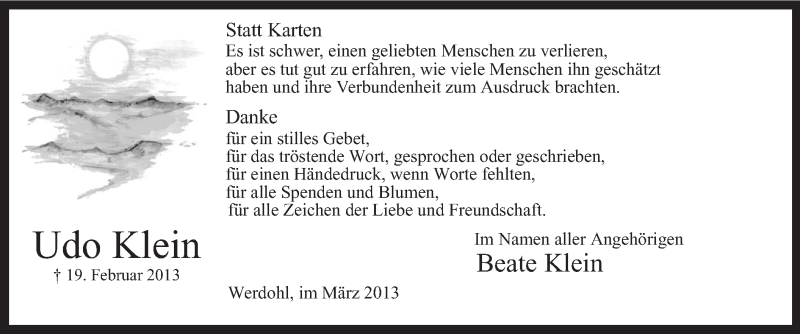  Traueranzeige für Udo Klein vom 22.03.2013 aus MZV