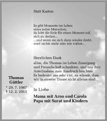 Traueranzeige von Thomas Güttler von MZV