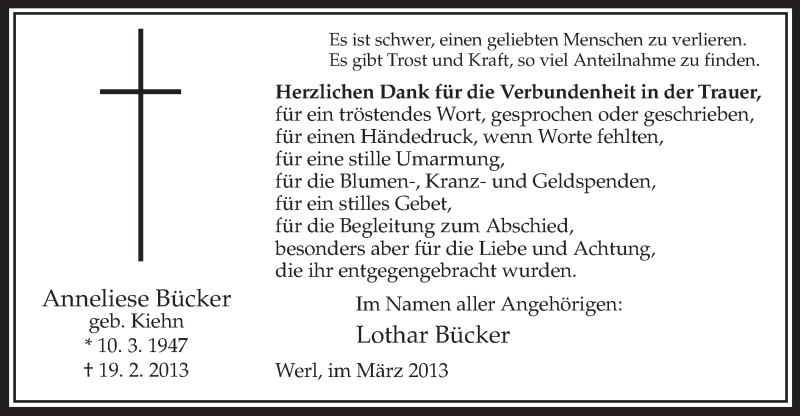  Traueranzeige für Anneliese Bücker vom 23.03.2013 aus MZV