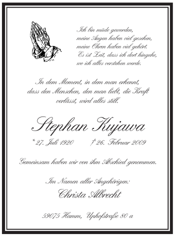Traueranzeige von Stephan Kujawa von WESTFÄLISCHER ANZEIGER