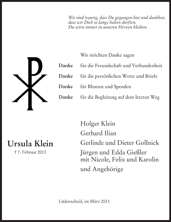 Traueranzeige von Ursula Klein von MZV