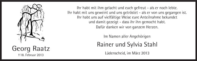  Traueranzeige für Georg Raatz vom 23.03.2013 aus MZV