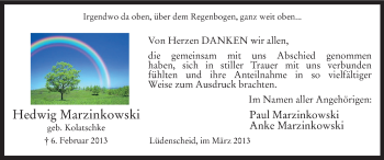 Traueranzeige von Hedwig Marzinkowski von MZV