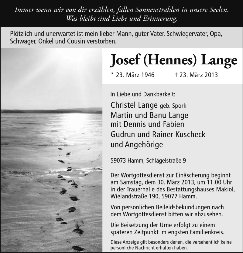  Traueranzeige für Josef Lange vom 27.03.2013 aus MZV