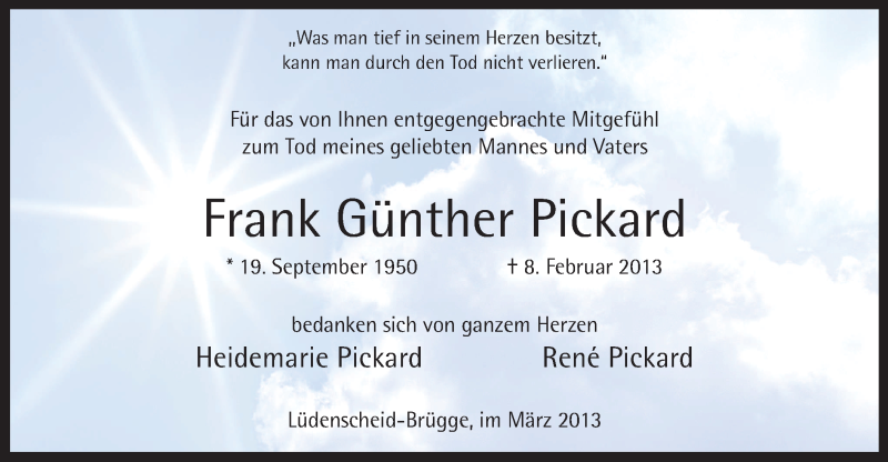  Traueranzeige für Frank Günther Pickard vom 30.03.2013 aus MZV