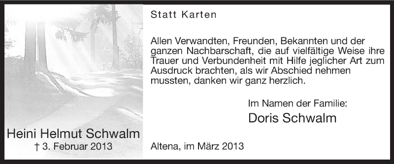  Traueranzeige für Heini Helmut Schwalm vom 30.03.2013 aus MZV
