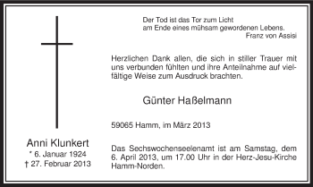 Traueranzeige von Anni Klunkert von MZV