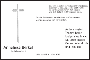 Traueranzeige von Anneliese Berkel von MZV