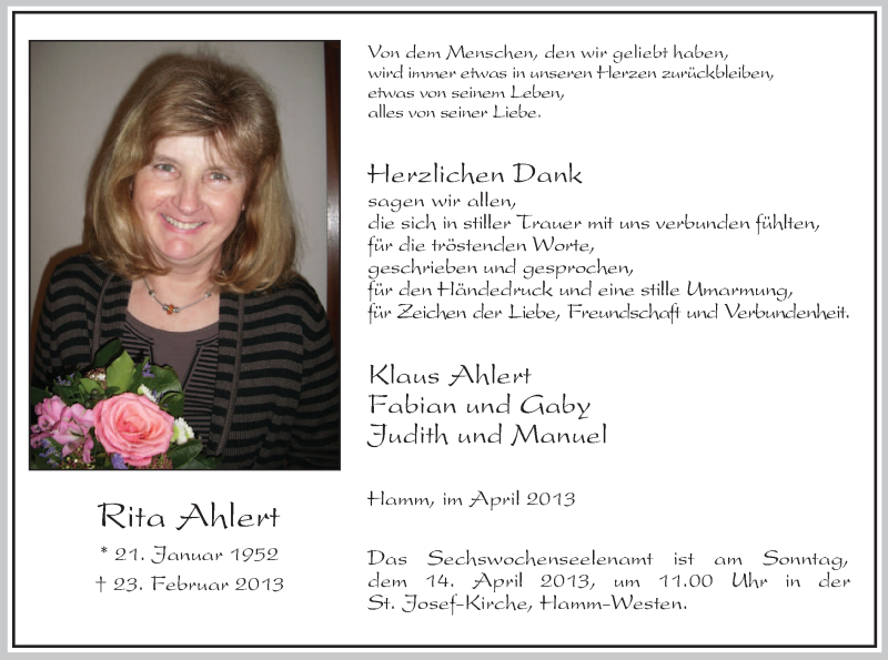  Traueranzeige für Rita Ahlert vom 06.04.2013 aus MZV