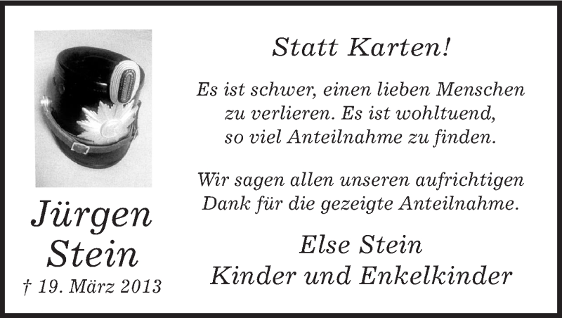  Traueranzeige für Jürgen Stein vom 06.04.2013 aus MZV