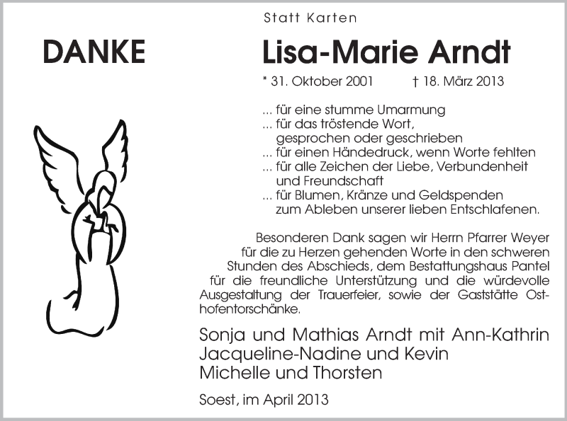  Traueranzeige für Lisa-Marie Arndt vom 06.04.2013 aus MZV