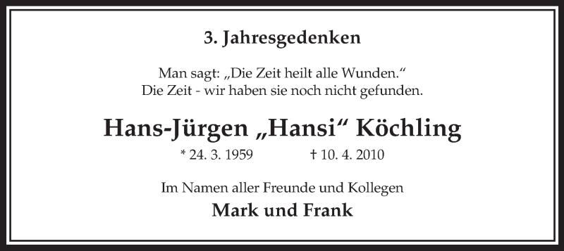 Traueranzeige für Hans-Jürgen Köchling vom 10.04.2013 aus MZV