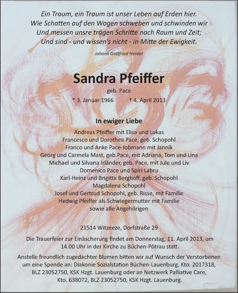  Traueranzeige für Sandra Pfeiffer vom 09.04.2013 aus MZV