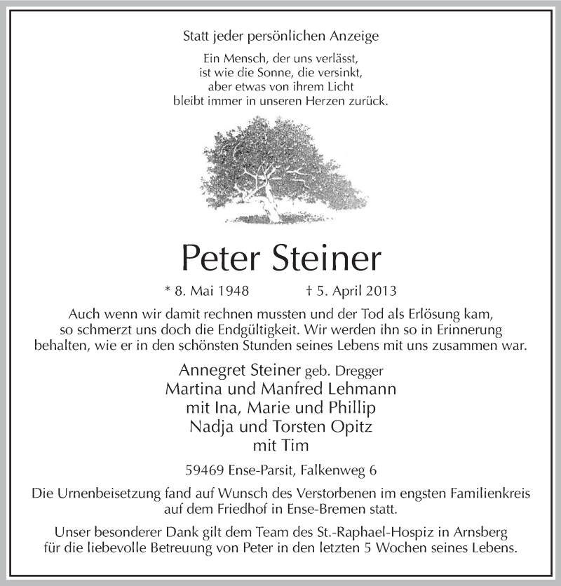  Traueranzeige für Peter Steiner vom 10.04.2013 aus MZV