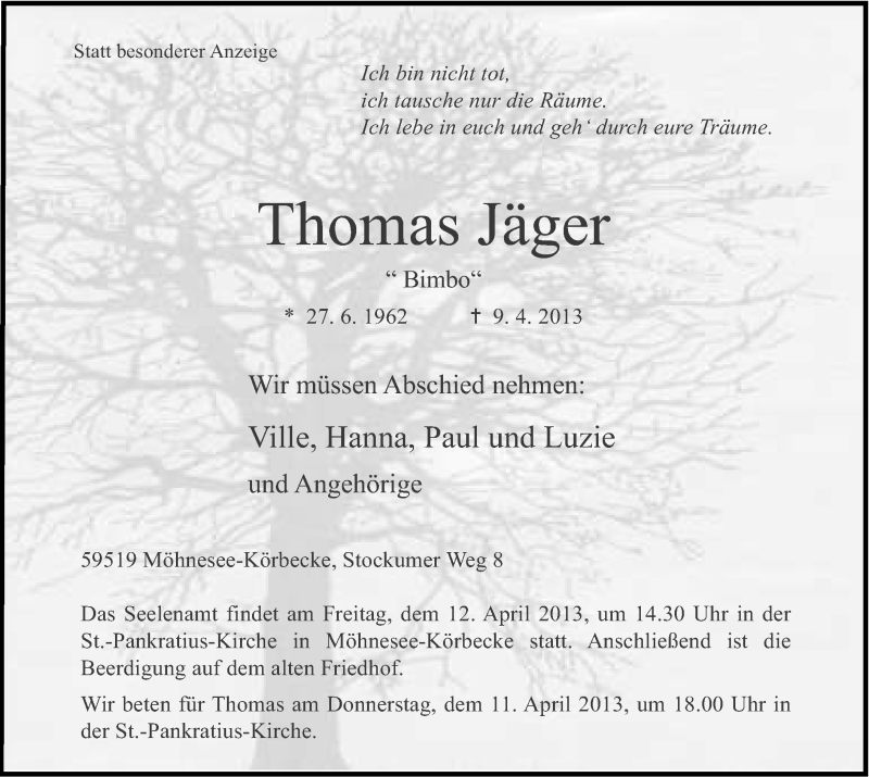  Traueranzeige für Thomas Jäger vom 10.04.2013 aus MZV