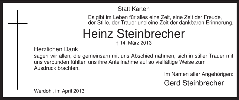  Traueranzeige für Heinz Steinbrecher vom 13.04.2013 aus MZV