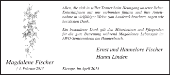 Traueranzeige von Magdalene Fischer von MZV