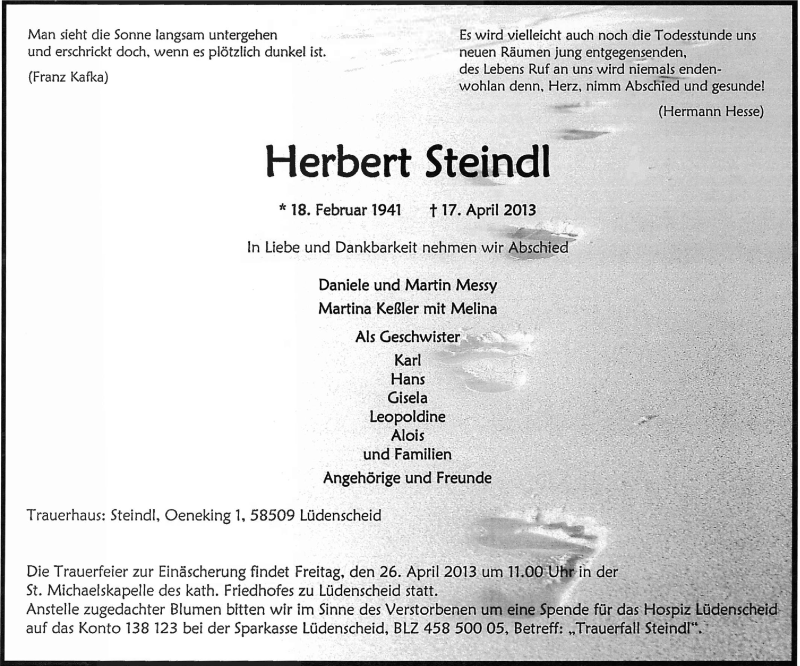  Traueranzeige für Herbert Steindl vom 23.04.2013 aus MZV