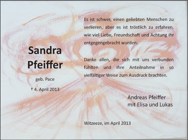  Traueranzeige für Sandra Pfeiffer vom 30.04.2013 aus MZV