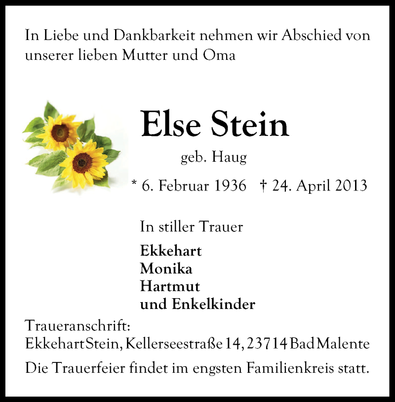  Traueranzeige für Else Stein vom 27.04.2013 aus MZV