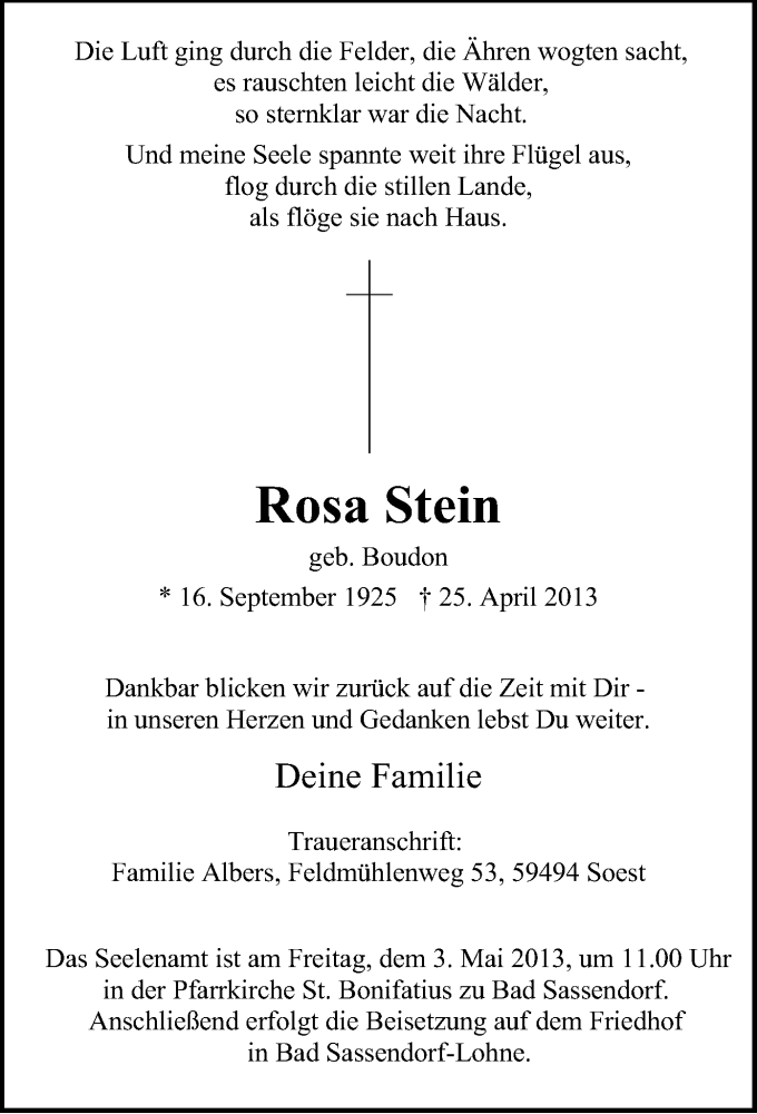  Traueranzeige für Rosa Stein vom 27.04.2013 aus MZV