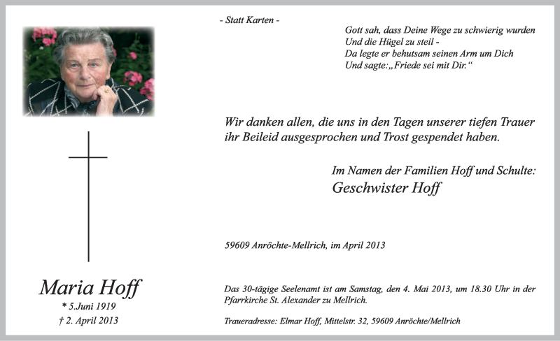  Traueranzeige für Maria Hoff vom 27.04.2013 aus MZV