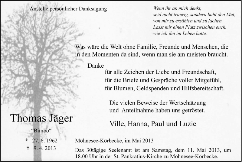  Traueranzeige für Thomas Jäger vom 04.05.2013 aus MZV