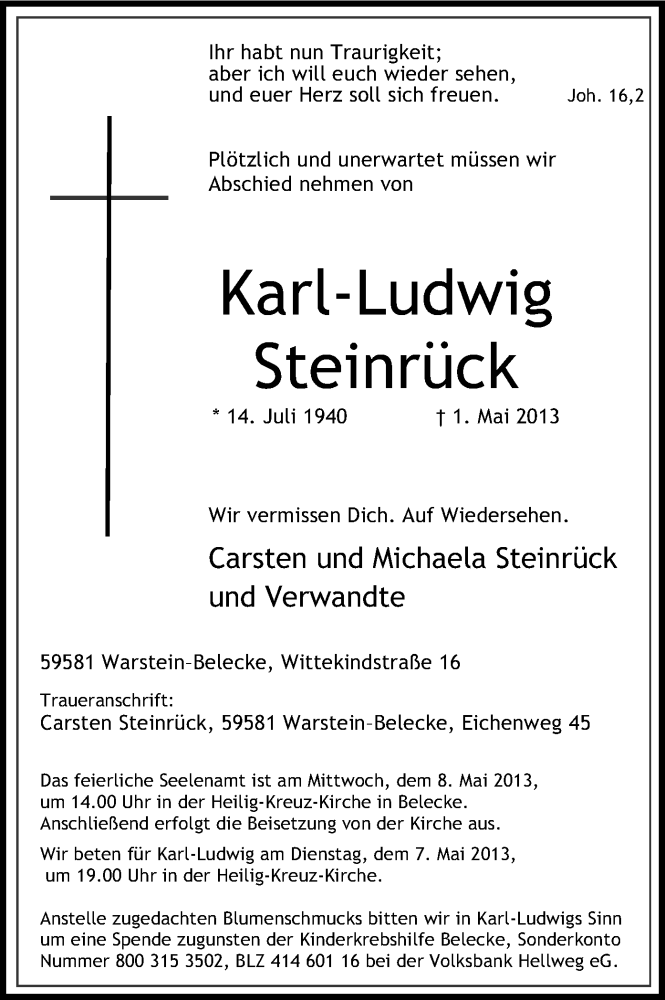  Traueranzeige für Karl-Ludwig Steinrück vom 03.05.2013 aus MZV