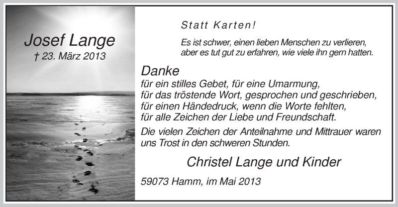  Traueranzeige für Josef Lange vom 04.05.2013 aus MZV