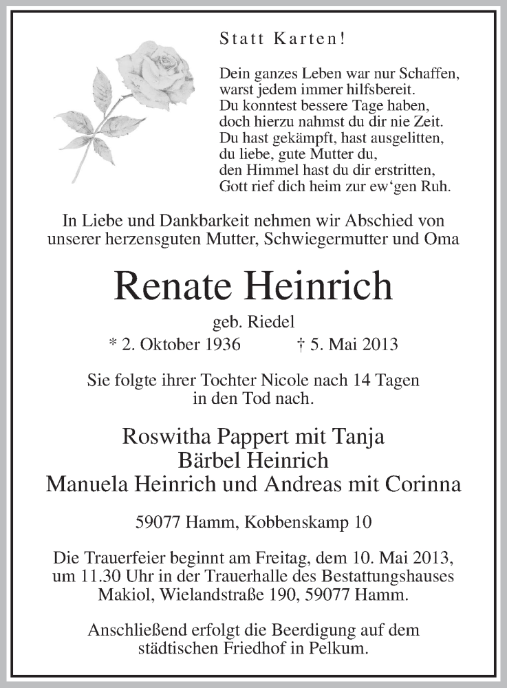  Traueranzeige für Renate Heinrich vom 07.05.2013 aus MZV