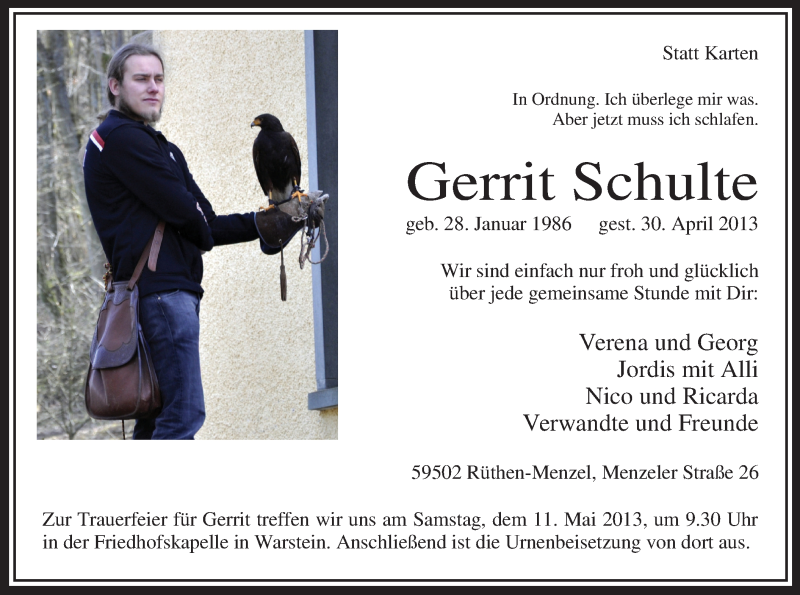  Traueranzeige für Gerrit Schulte vom 07.05.2013 aus MZV