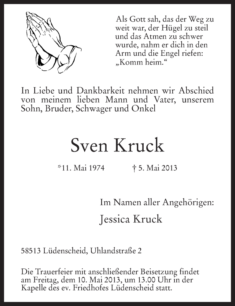  Traueranzeige für Sven Kruck vom 08.05.2013 aus MZV