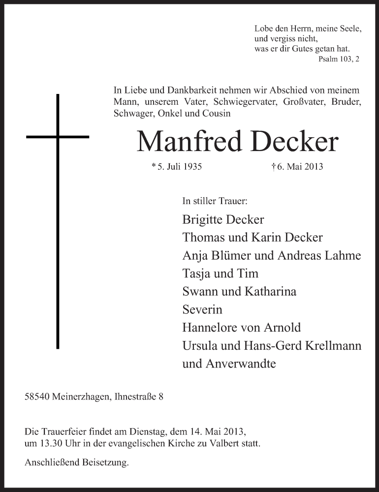  Traueranzeige für Manfred Decker vom 09.05.2013 aus MZV