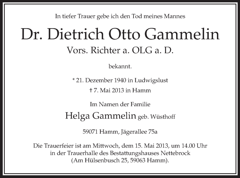  Traueranzeige für Dietrich Otto Gammelin vom 11.05.2013 aus MZV