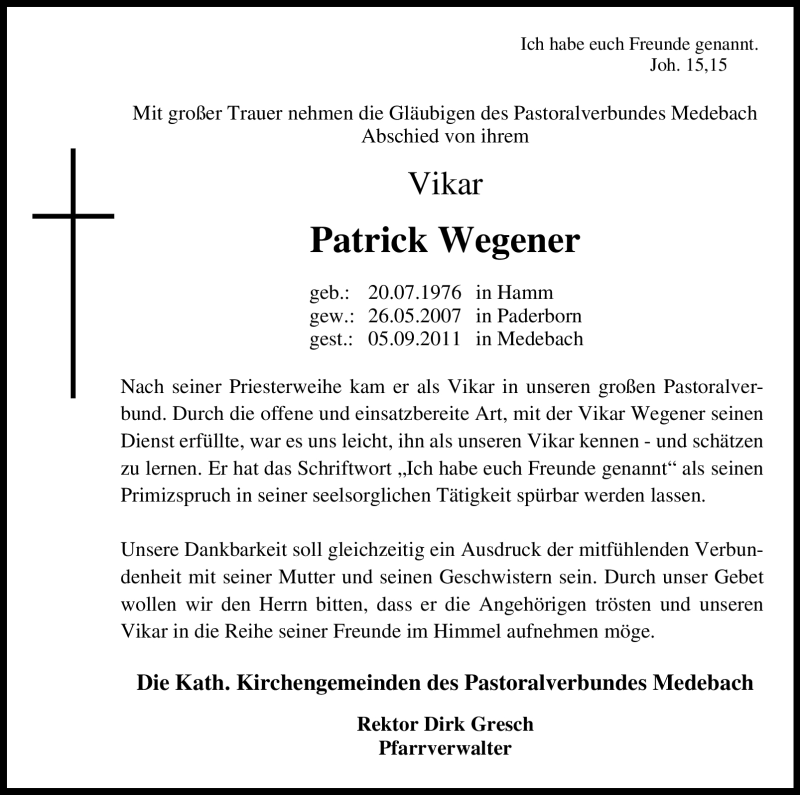  Traueranzeige für Patrick Wegener vom 10.09.2011 aus WESTFÄLISCHER ANZEIGER