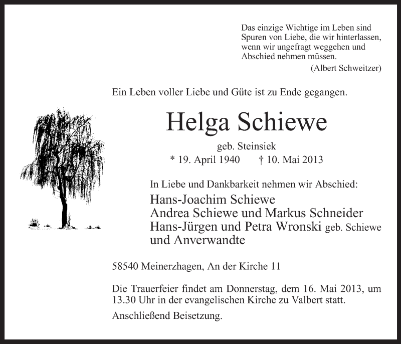  Traueranzeige für Helga Schiewe vom 14.05.2013 aus MZV