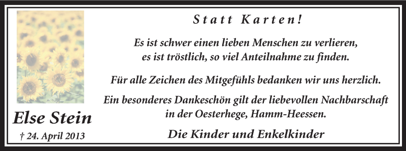  Traueranzeige für Else Stein vom 18.05.2013 aus MZV