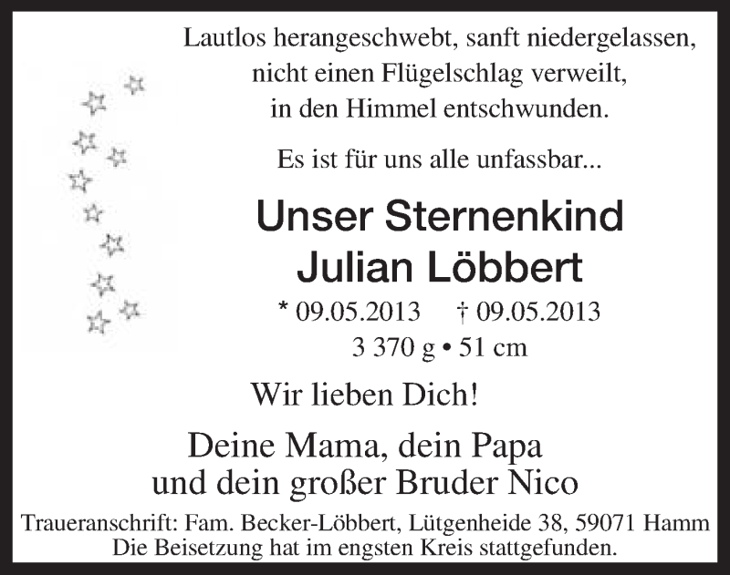  Traueranzeige für Julian Löbbert vom 25.05.2013 aus MZV