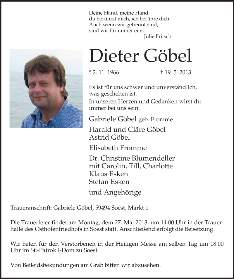  Traueranzeige für Dieter Göbel vom 24.05.2013 aus MZV