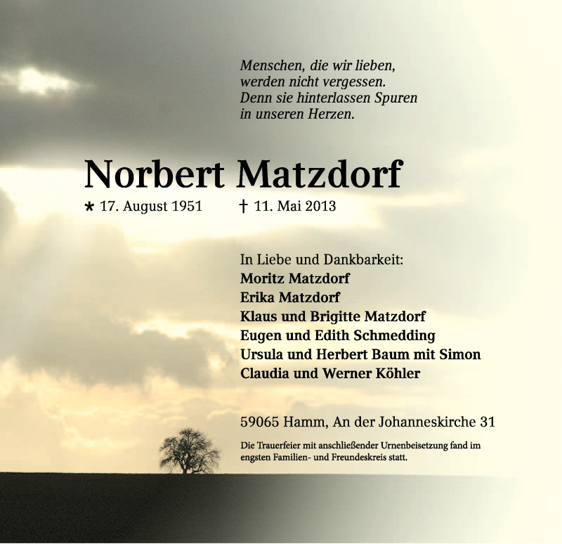  Traueranzeige für Norbert Matzdorf vom 01.06.2013 aus MZV