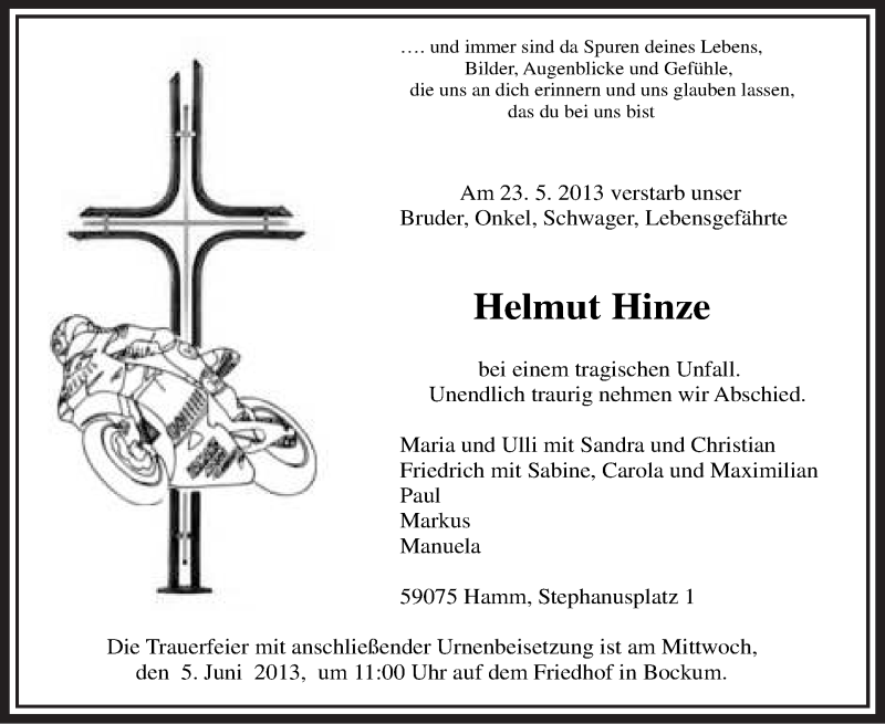  Traueranzeige für Helmut Hinze vom 01.06.2013 aus MZV