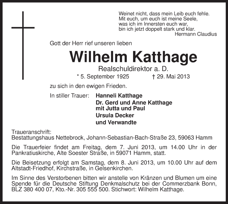  Traueranzeige für Wilhelm Katthage vom 01.06.2013 aus MZV