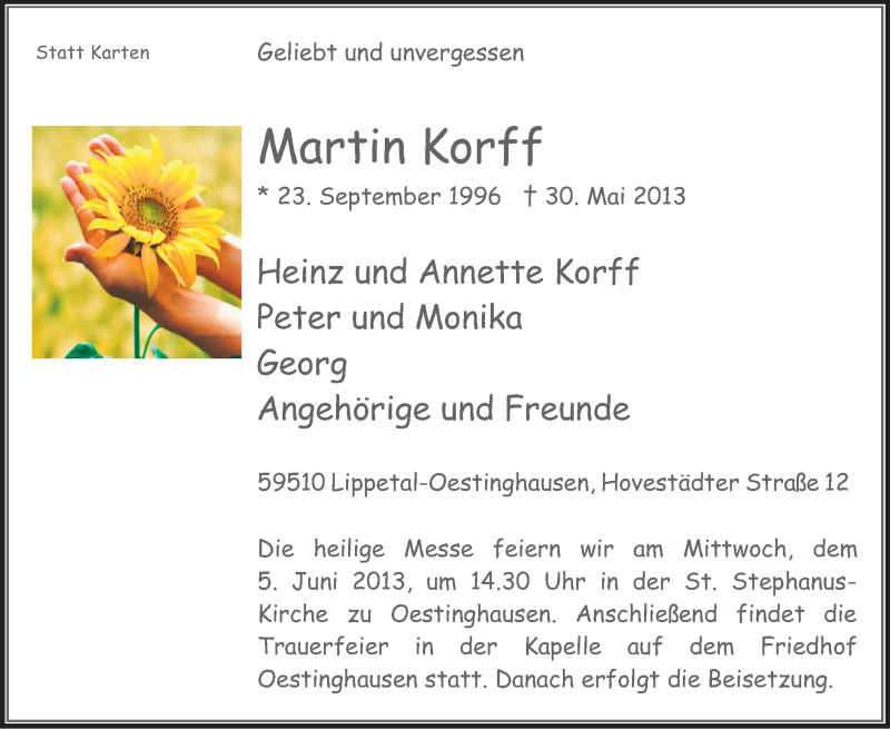  Traueranzeige für Martin Korff vom 01.06.2013 aus MZV