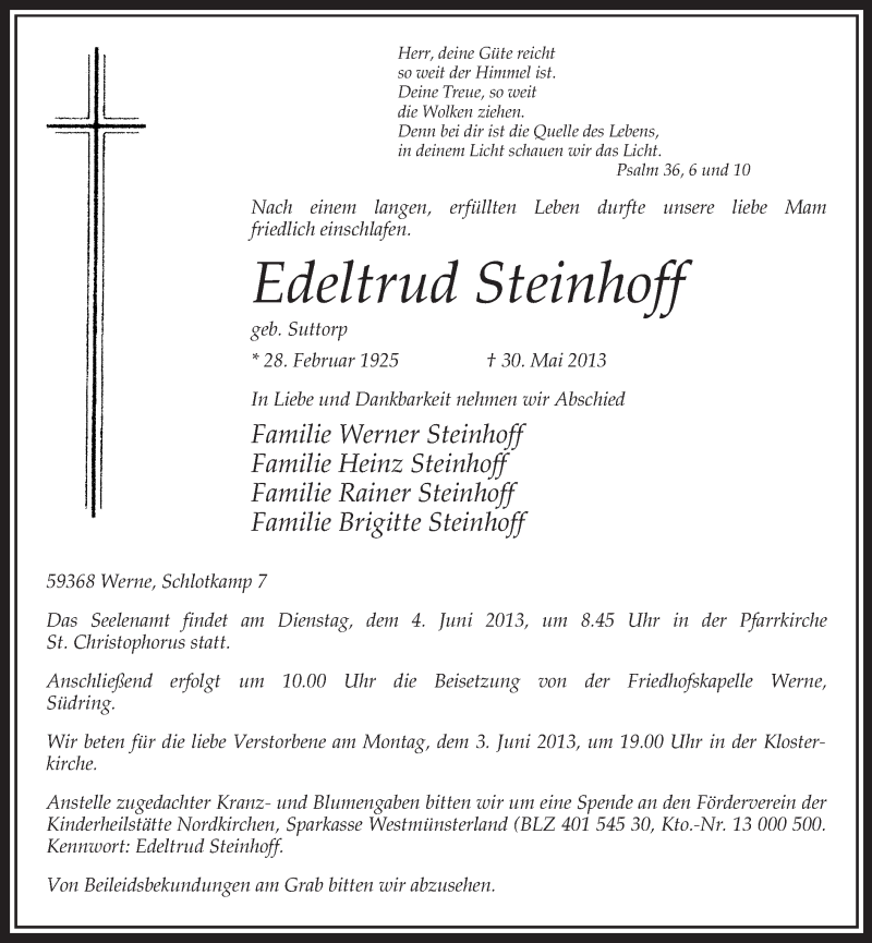  Traueranzeige für Edeltrud Steinhoff vom 01.06.2013 aus MZV
